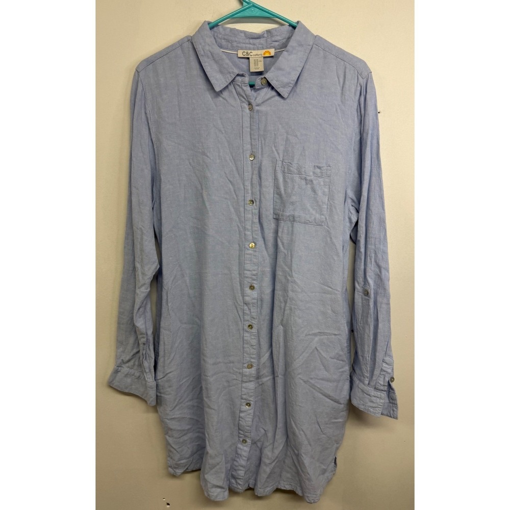 C&C California Womens Blue Linen Blend Roll Tab Sleeve Shirt Dress XL